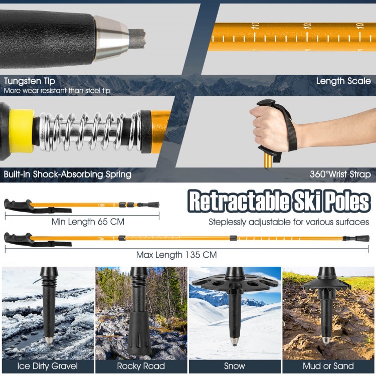 Retractable ski poles with tungsten tip and built-in shock-absorbing spring, adjustable from 65 cm to 135 cm for.